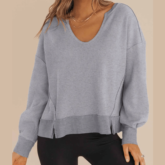 Gerri Grey Waffle Knit Notched V Neck Drop Shoulder Solid Sweatshirt