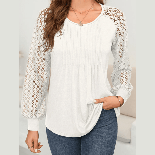 Holland White Lace Patchwork Long Raglan Sleeve Pleated Top