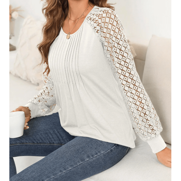 Holland White Lace Patchwork Long Raglan Sleeve Pleated Top