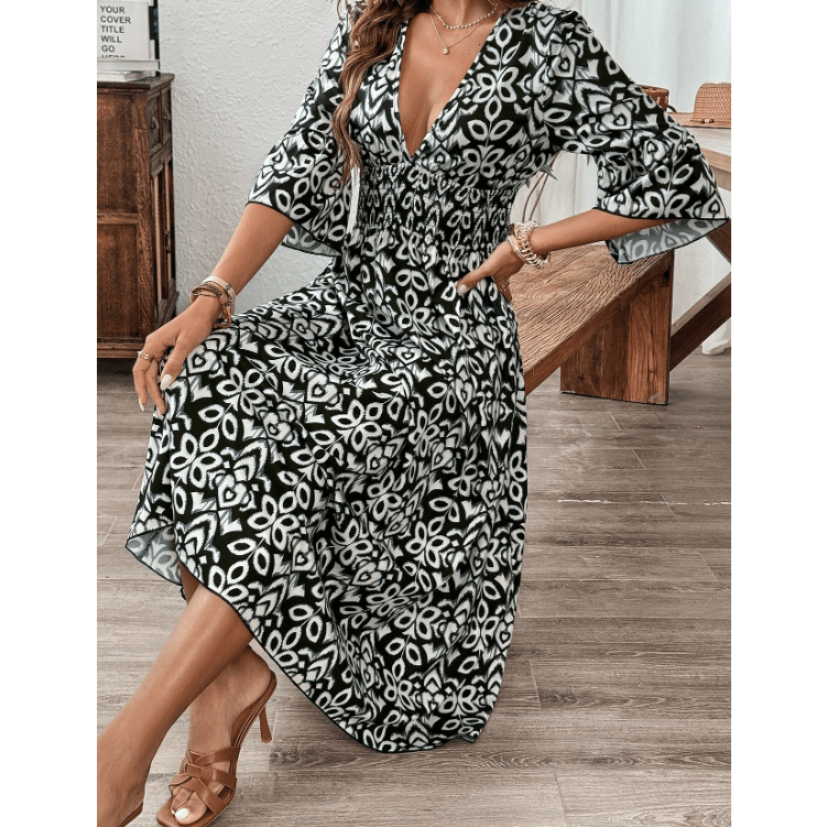 Jimma Black Bohemian V Neck Midi Dress
