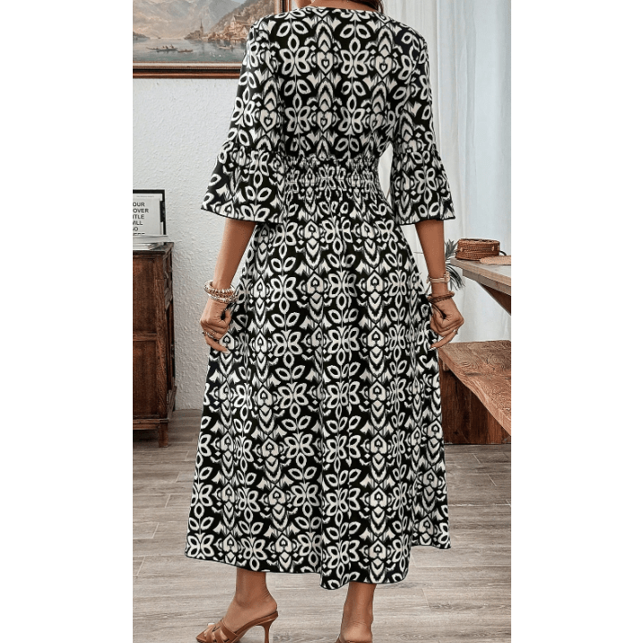 Jimma Black Bohemian V Neck Midi Dress