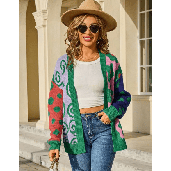 Bekie Green Open Front Floral Knitted Cardigan