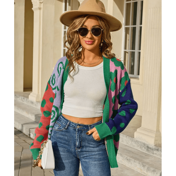 Bekie Green Open Front Floral Knitted Cardigan