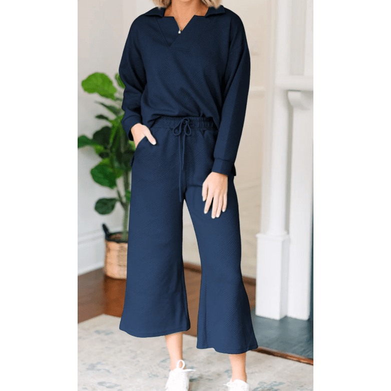 Pennie Navy Textured Collared V Neck Top and Wide Leg Pants Set