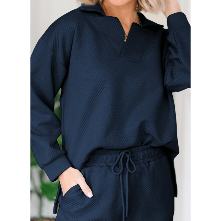 Pennie Navy Textured Collared V Neck Top and Wide Leg Pants Set