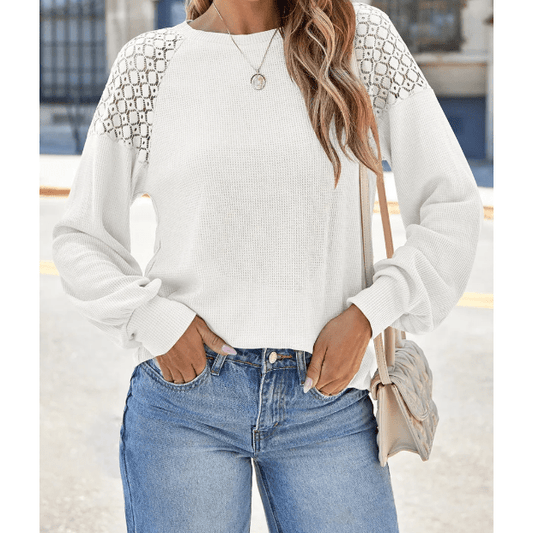 Destin White Lace Long Sleeve Textured Pullover