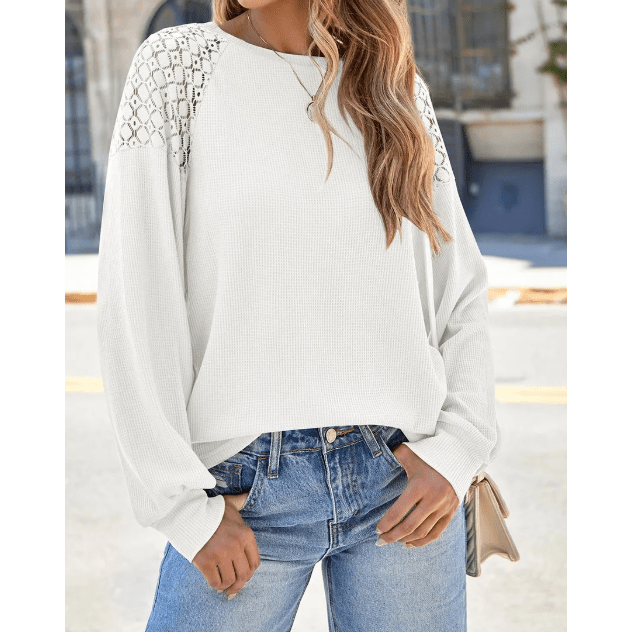 Destin White Lace Long Sleeve Textured Pullover