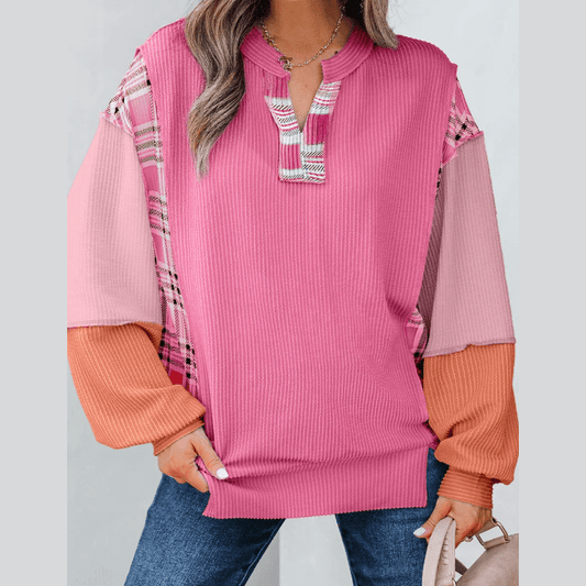 Latifa Pink Corded Texture Plaid Colorblock Patchwork Split Neck Long Sleeve Top