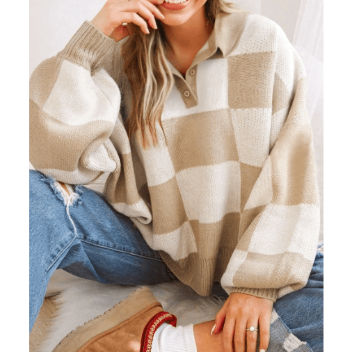 Gerda Beige Checkered Pattern Polo Collar Loose Sweater