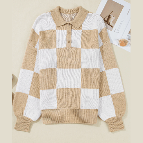 Gerda Beige Checkered Pattern Polo Collar Loose Sweater