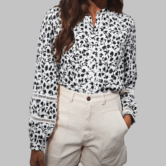 Julee Black Printed Lace Detail Floral Puff Sleeve Fall Shirt