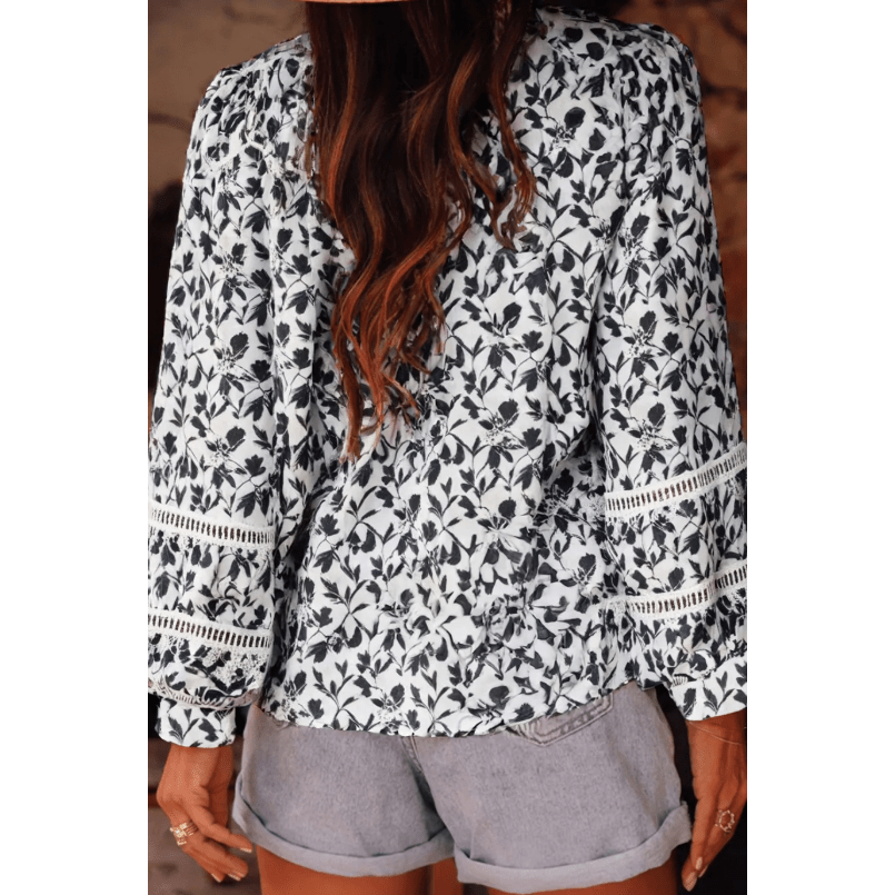 Julee Black Printed Lace Detail Floral Puff Sleeve Fall Shirt