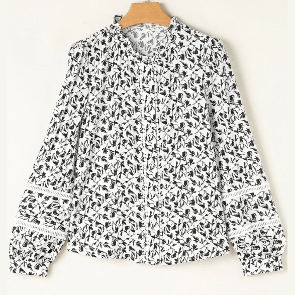 Julee Black Printed Lace Detail Floral Puff Sleeve Fall Shirt