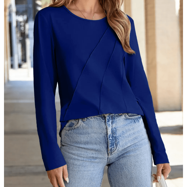 Indy Navy Asymmetric Seam Detail Solid Color Long Sleeve Top
