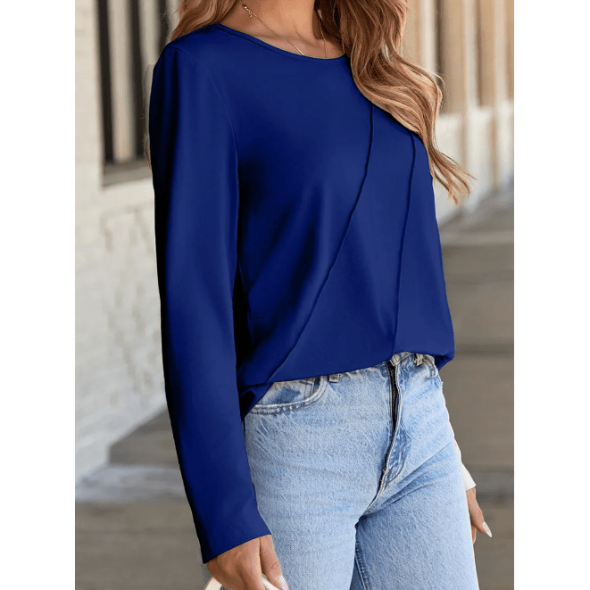 Indy Navy Asymmetric Seam Detail Solid Color Long Sleeve Top