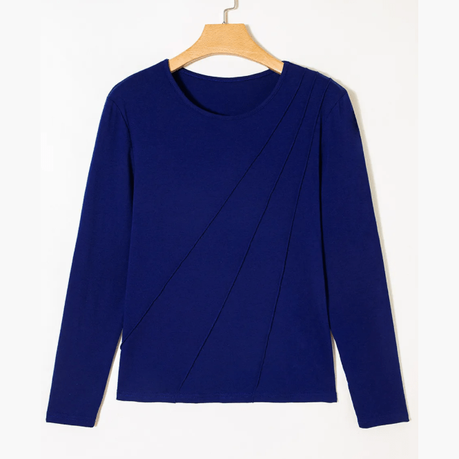 Indy Navy Asymmetric Seam Detail Solid Color Long Sleeve Top