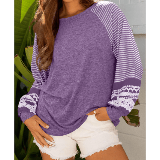 RTS Flossy Purple Contrast Print Striped Raglan Long Sleeve Loose Top