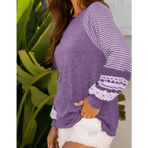RTS Flossy Purple Contrast Print Striped Raglan Long Sleeve Loose Top