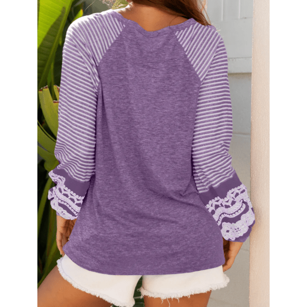 RTS Flossy Purple Contrast Print Striped Raglan Long Sleeve Loose Top
