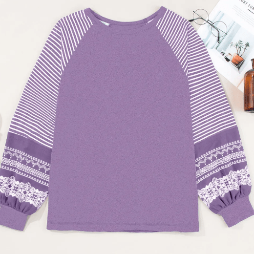 RTS Flossy Purple Contrast Print Striped Raglan Long Sleeve Loose Top