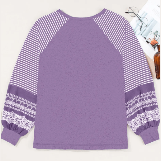 RTS Flossy Purple Contrast Print Striped Raglan Long Sleeve Loose Top