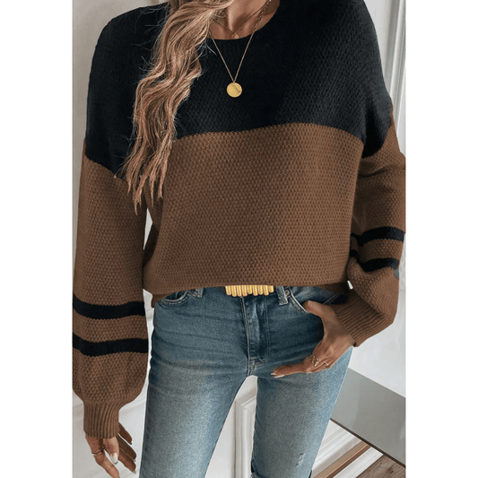 Frida Brown Color Block Knit Striped Sleeve Detail Casual Sweater