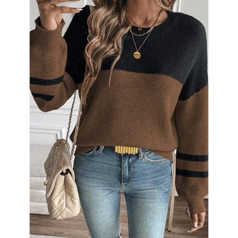 Frida Brown Color Block Knit Striped Sleeve Detail Casual Sweater