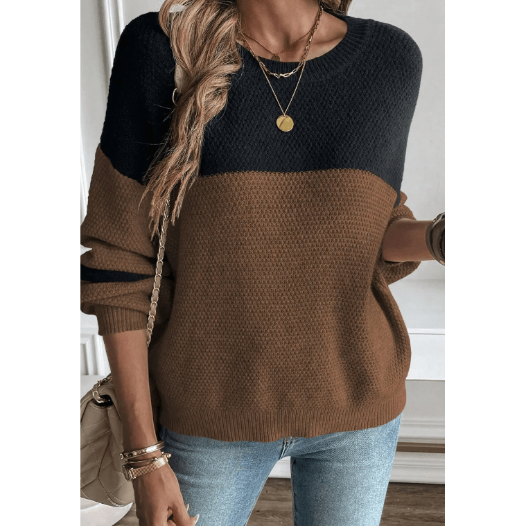 Frida Brown Color Block Knit Striped Sleeve Detail Casual Sweater