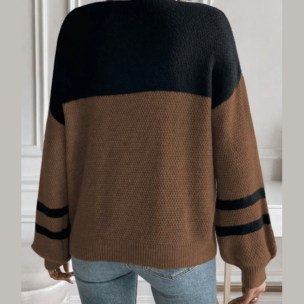 Frida Brown Color Block Knit Striped Sleeve Detail Casual Sweater
