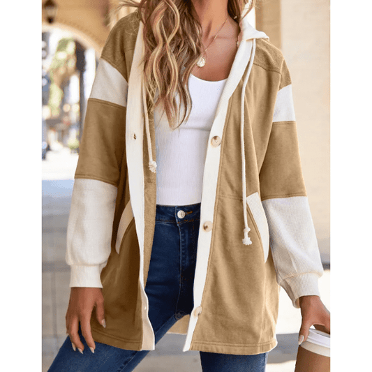 Bonnel Beige Waffle Contrast Knit Color Block Patchwork Button Front Oversize Hoodie