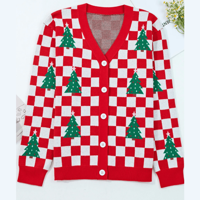 Red Checkered Christmas Tree Pattern Button V Neck Cardigan Sweater