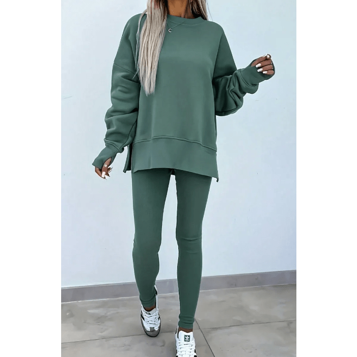 Mylah Green Oversize Slit Sweatshirt Ribbed Leggings 2pcs Set