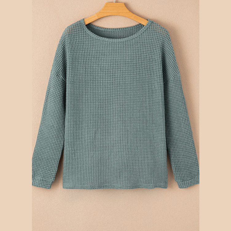 Jenee Green Waffle Knit Drop Shoulder Long Sleeve Top