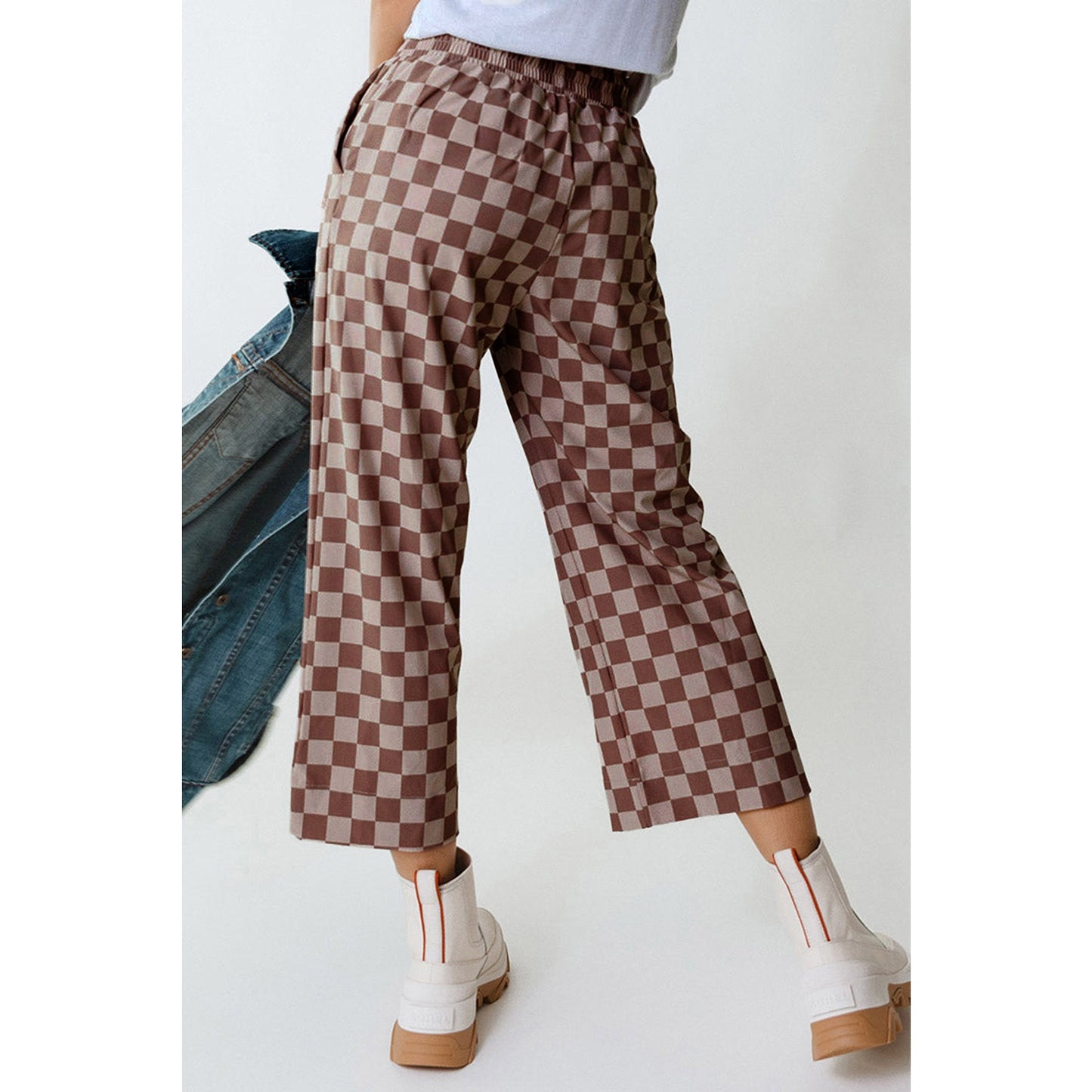 Sharpay Khaki Checkered Elastic High Waist Loose Casual Pants