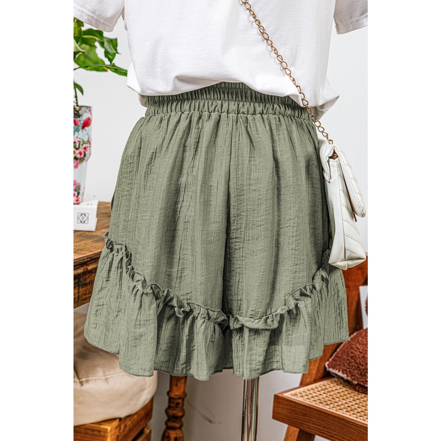 Andrea Laurel Green Textured Tie Waist Ruffle Hem Shorts