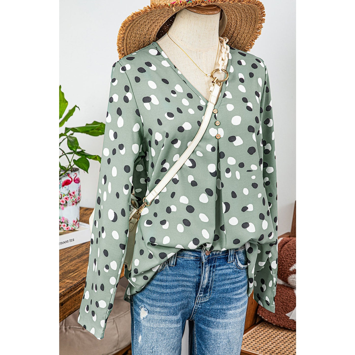 Adelynne Green Polka Dot Print Button Front V Neck Blouse