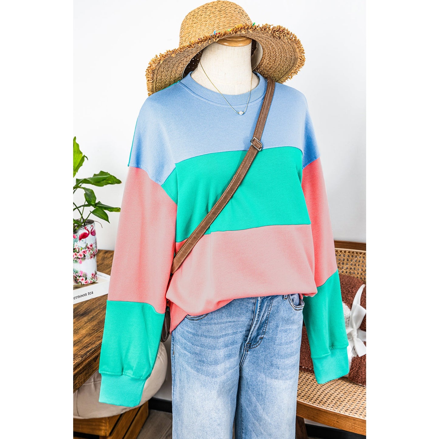 Ashlea Blossom Colorblock Patchwork Drop Shoulder Sweatshirt