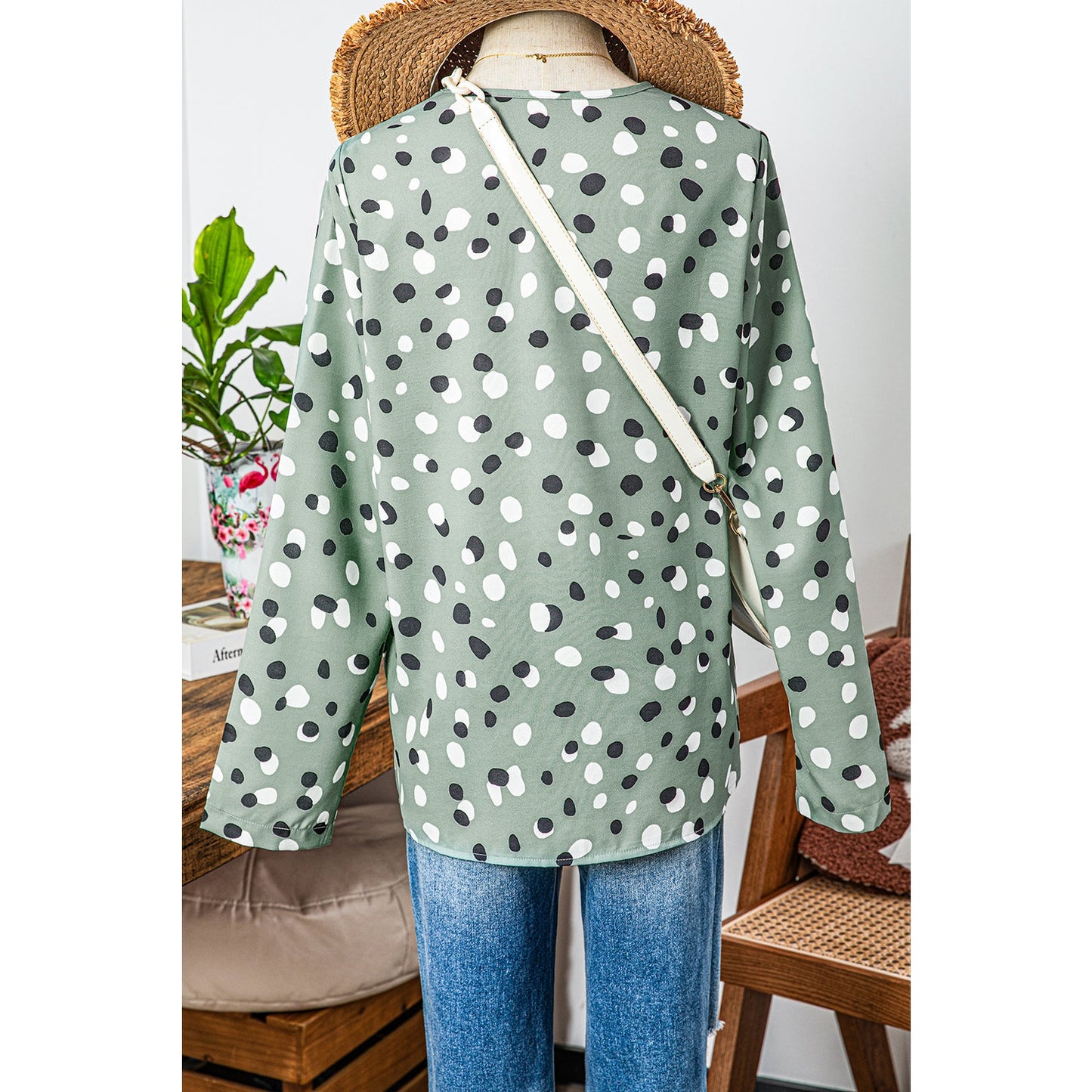 Adelynne Green Polka Dot Print Button Front V Neck Blouse