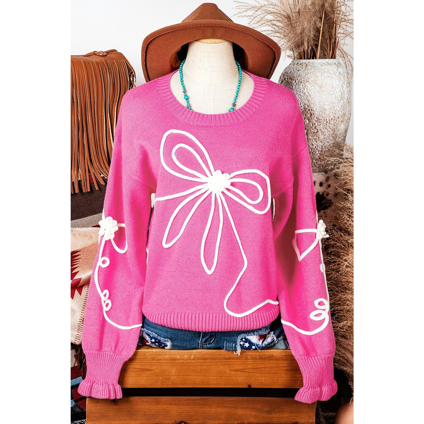 RTS Abigail Bright Pink Corded Flower Bow Ribbed Trim Casual Sweater