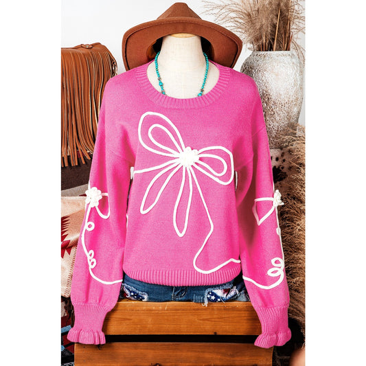 RTS Abigail Bright Pink Corded Flower Bow Ribbed Trim Casual Sweater
