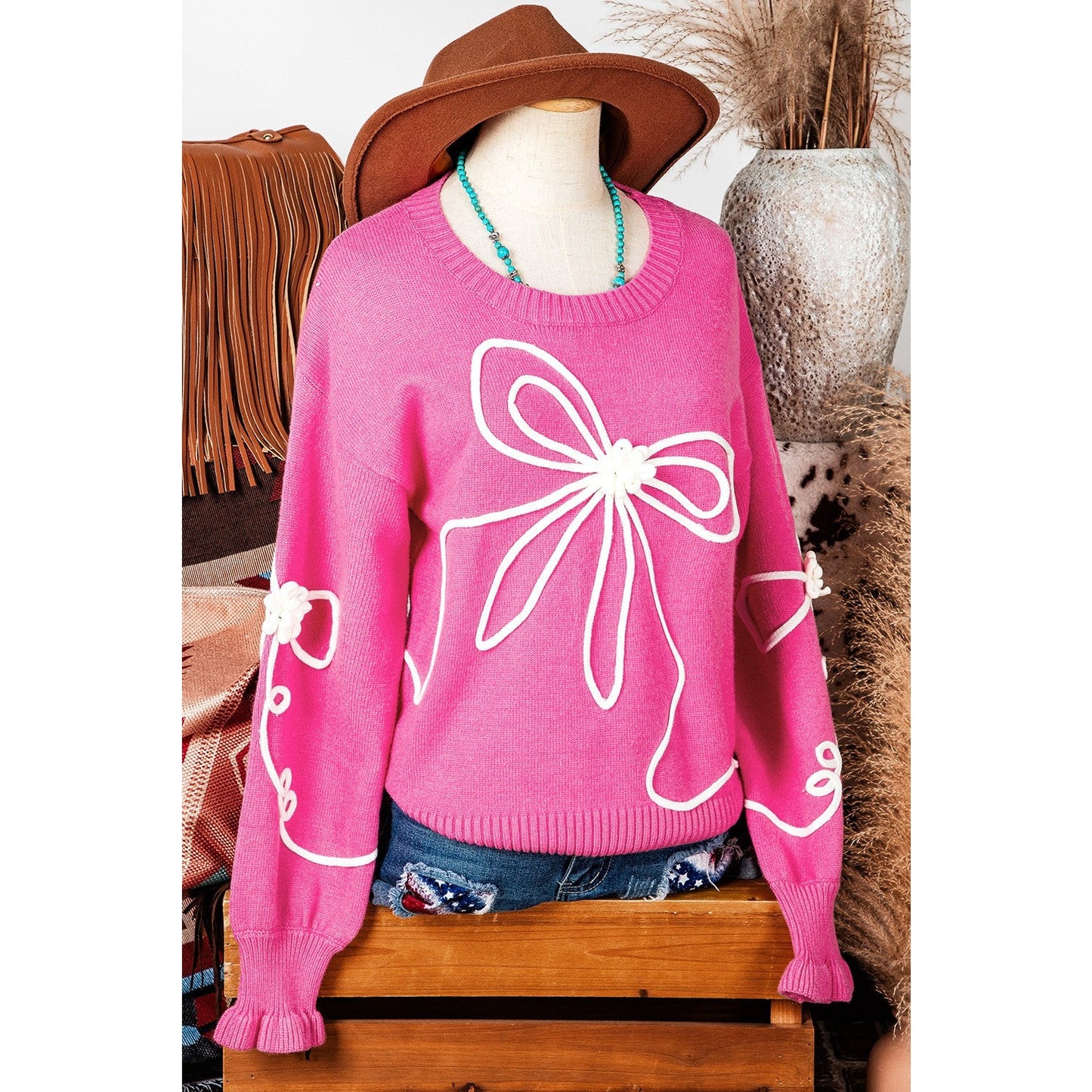 RTS Abigail Bright Pink Corded Flower Bow Ribbed Trim Casual Sweater