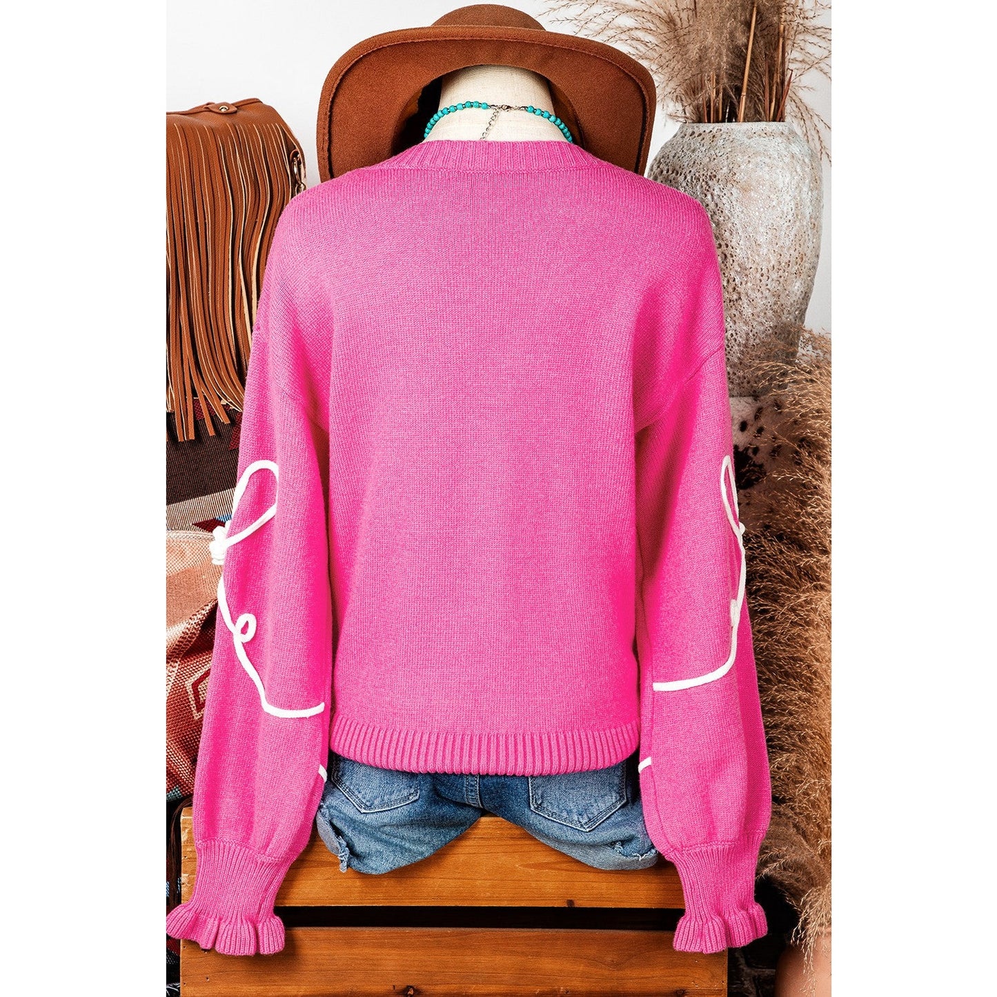 RTS Abigail Bright Pink Corded Flower Bow Ribbed Trim Casual Sweater