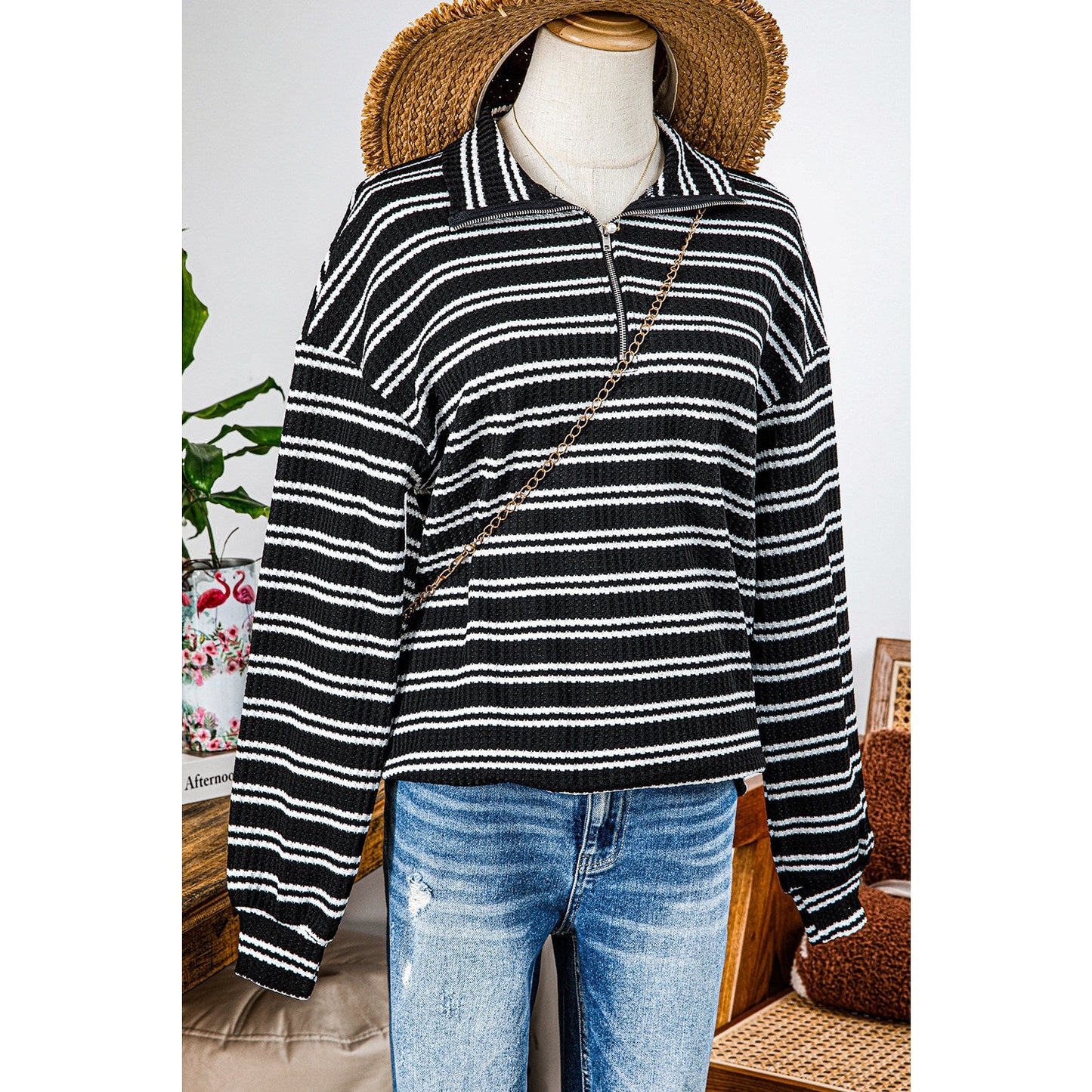 REDUCED!!! Alecia Black Stripe Textured Quarter Zip Collar Long Sleeve Top REDUCED!!!