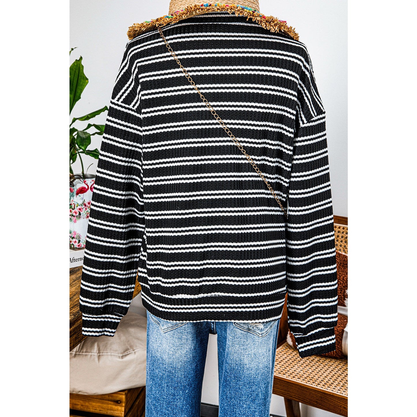 REDUCED!!! Alecia Black Stripe Textured Quarter Zip Collar Long Sleeve Top REDUCED!!!