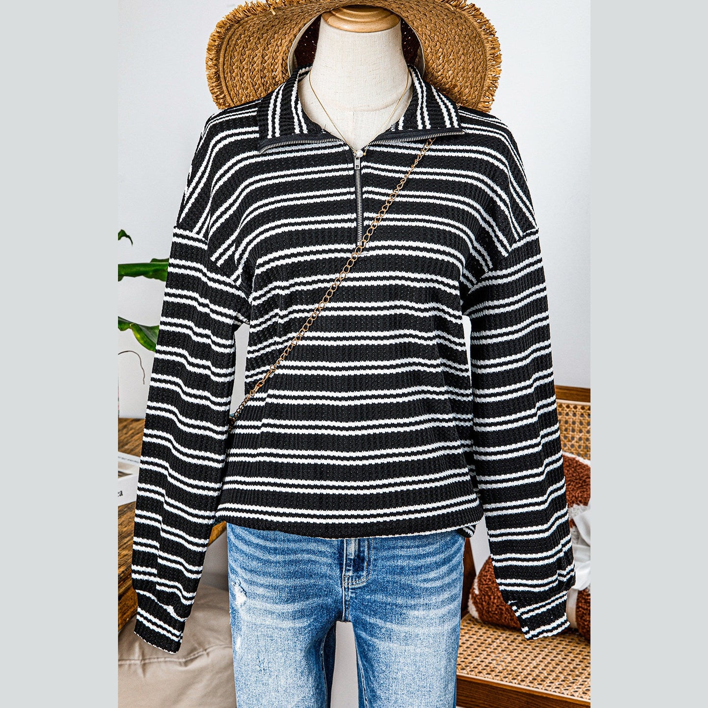 REDUCED!!! Alecia Black Stripe Textured Quarter Zip Collar Long Sleeve Top REDUCED!!!