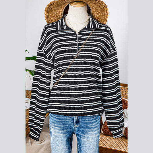 REDUCED!!!  Alecia Black Stripe Textured Quarter Zip Collar Long Sleeve Top  REDUCED!!!