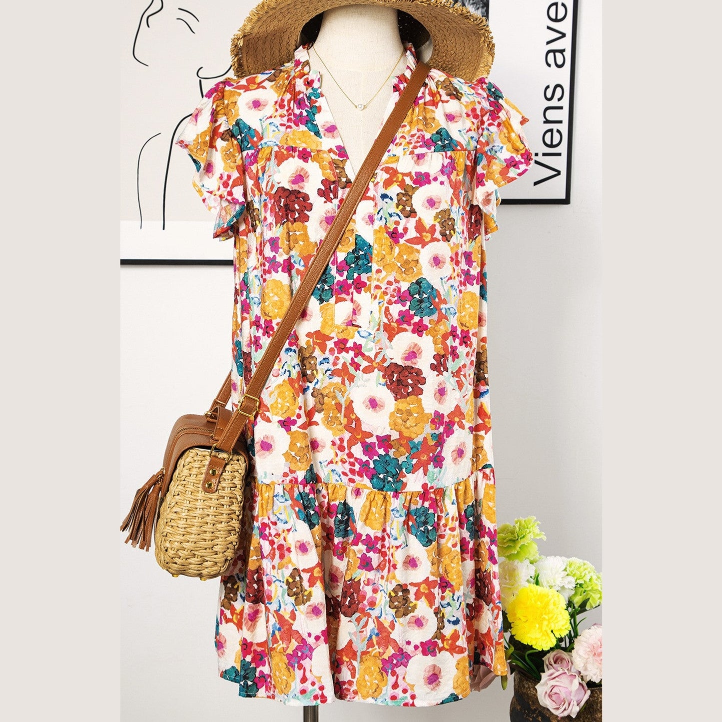 REDUCED!!! Amarosa Purple Floral Print Split Neck Flutter Sleeve Dress REDUCED!!!