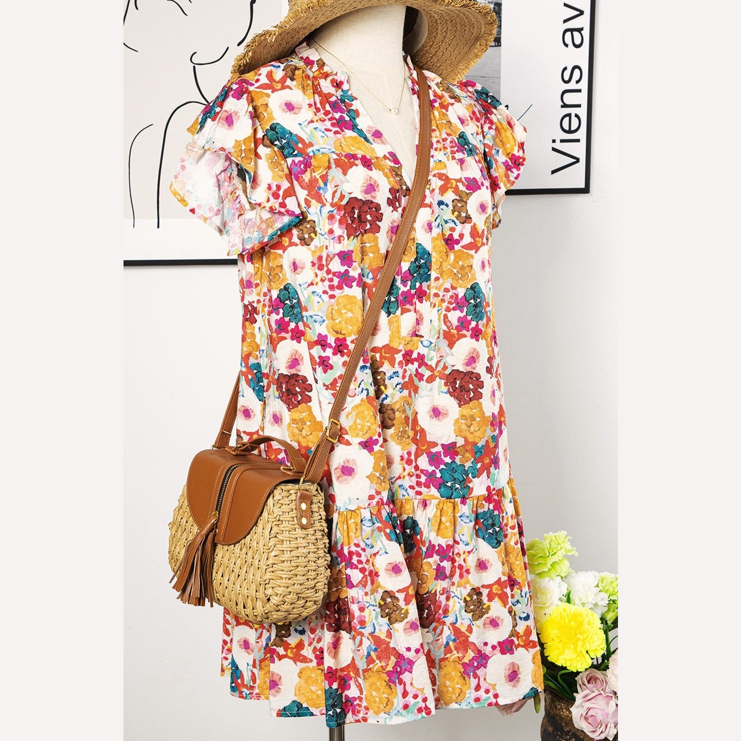REDUCED!!! Amarosa Purple Floral Print Split Neck Flutter Sleeve Dress REDUCED!!!