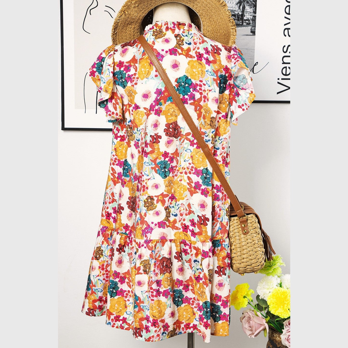 REDUCED!!! Amarosa Purple Floral Print Split Neck Flutter Sleeve Dress REDUCED!!!