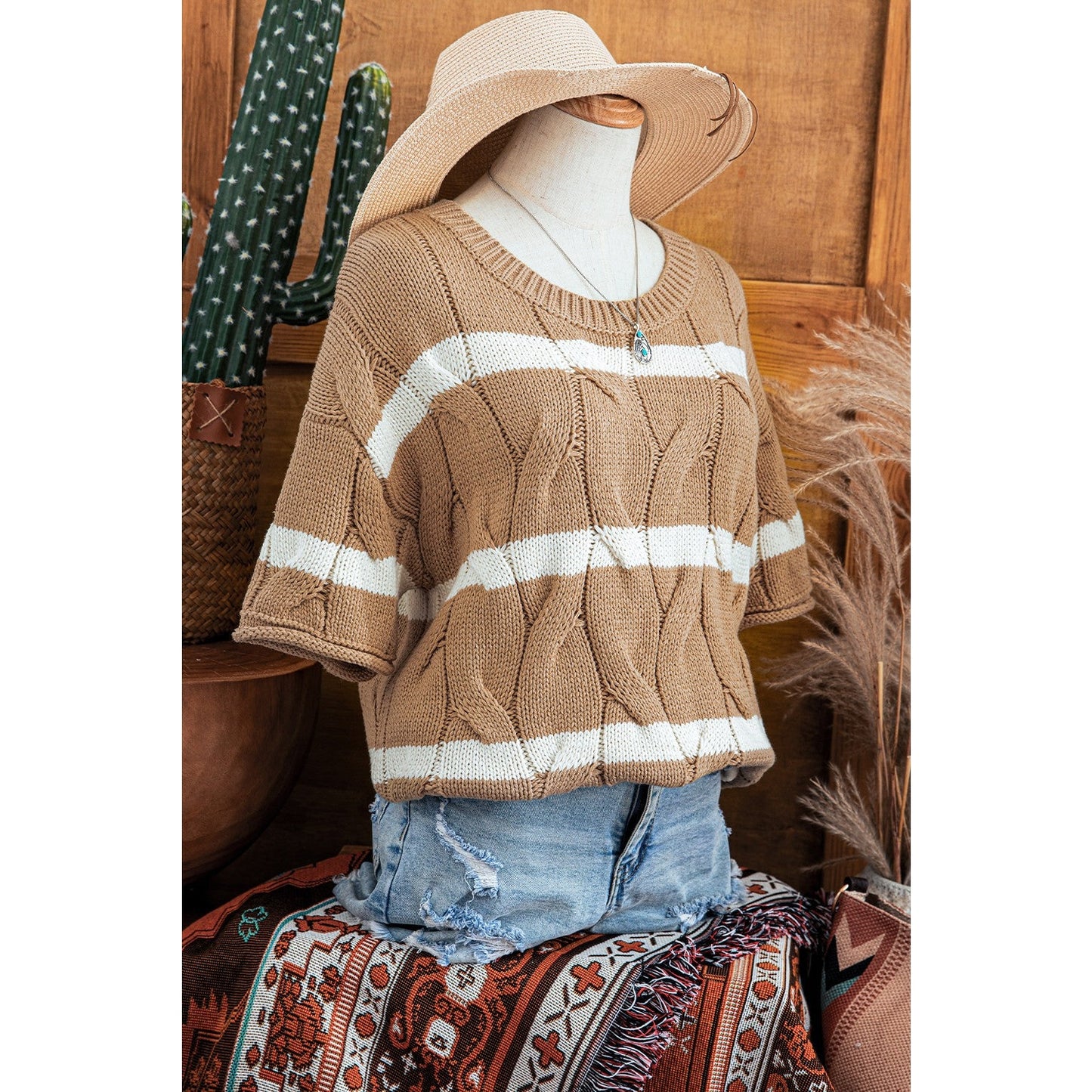 REDUCED!!! Amaya Dark Khaki Striped Cable Short Sleeve Sweater REDUCED!!!
